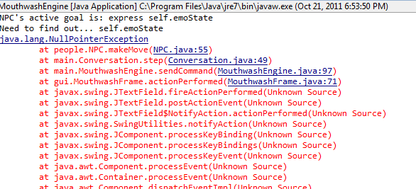 Error code from Java debugging, in which an NPC fails to find her own emotional state.