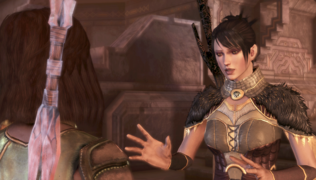 A conversation scene. Morrigan is gesticulating at Rulan, a dark-haired female elf in Dalish armor.