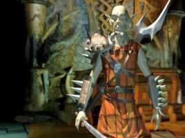 Dakkon from Planescape: Torment. A bald man with a moustache in a plaid tunic and spiky fantasy armor, with a remarkably large sword.