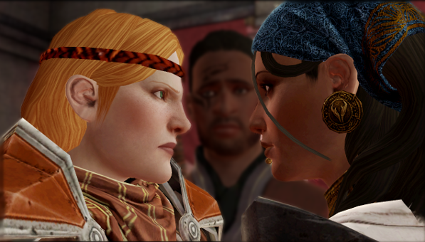 Dig how useless Joe Hawke is here. Two women in the middle of an argument: one with red hair, pale skin, and heavy armor; the other with dark hair, light brown skin, and a pirate style.
