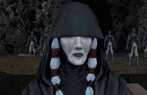 Kreia from Knights of the Old Republic 2. An older white-skinned woman with thick white braids, wearing black robes and a hood that covers her eyes.