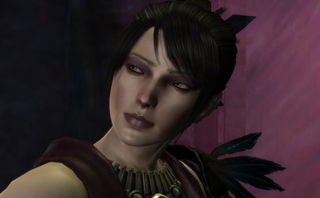 Morrigan standing before a dark violet portal at the end of "Witch Hunt," looking back over her shoulder. 