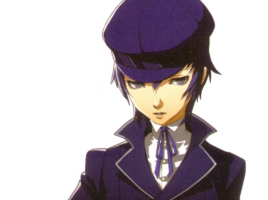 Naoto from Persona 4. Indigo hair, pale skin, and a sharp navy coat and hat.