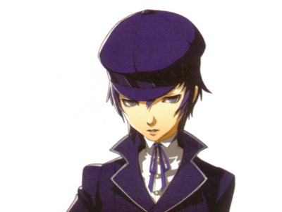 A slender young man with indigo hair, pale skin, and an uncomfortable expression, wearing a sharp navy coat and hat.