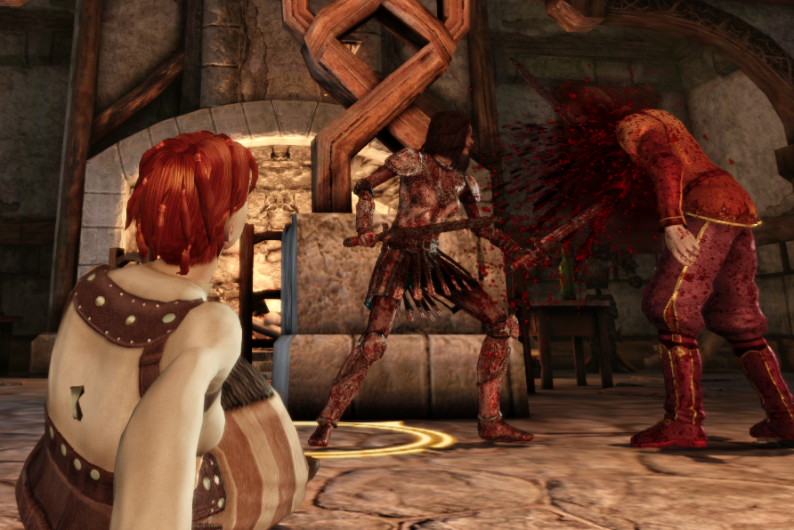 A scene from the City Elf origin. Shianni, a red haired female elf, is sitting injured in the foreground, watching as Rulan gorily dispatches a male human noble.