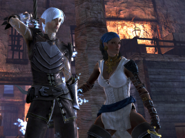 Fenris and Isabella from Dragon Age 2, in fighting poses.