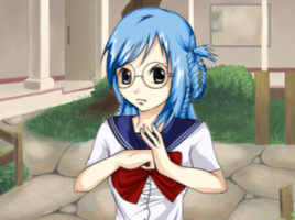 Kasumi from Shira Oka, looking ornery: a pale girl with glasses and unruly blue hair, in a schoolgirl uniform.