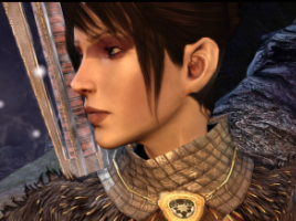 Morrigan from Dragon Age: Origins, a dark-haired, light-skinned woman seen in profile wearing a staff and mage's robes.