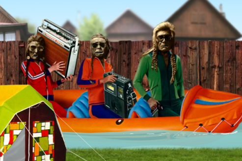 Screenshot from Osada in a photo-collage style. Three Native American men in an inflatable canoe, wearing aviator sunglasses and track suits, singing.