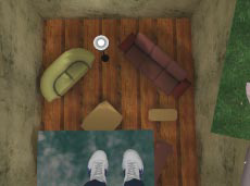 A scene from a virtual reality system. You're standing on a plank jutting out over a sparsely furnished room about ten feet below you.