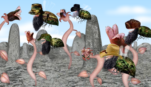 A screenshot from Osada. A number of camouflage bees with beards and hats are hungrily descending on plants made out of sausage in a desert landscape.