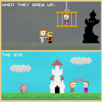 A screenshot from Storyteller, showing two panels of a fairy-tale-like comics story in 8-bit style.