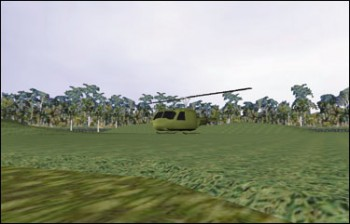 A virtual reality scene with dated 3D graphics. A blocky helicopter lands in a vaguely jungle-like environment.