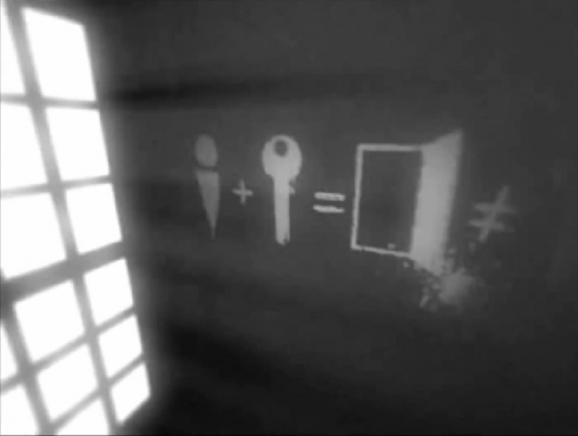 Screenshot from Which showing glyphs drawn on the wall