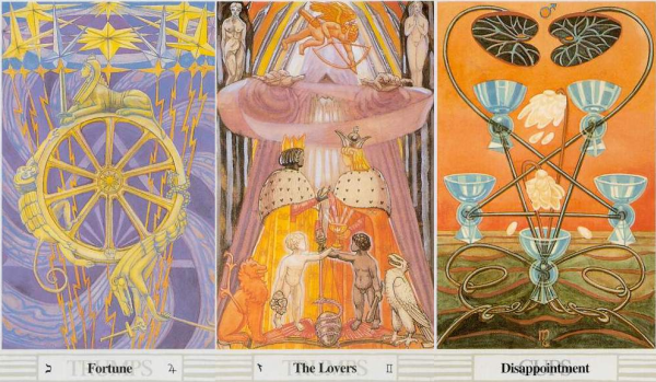 Three Tarot cards: The Wheel of Fortune, The Lovers, and the Five of Cups