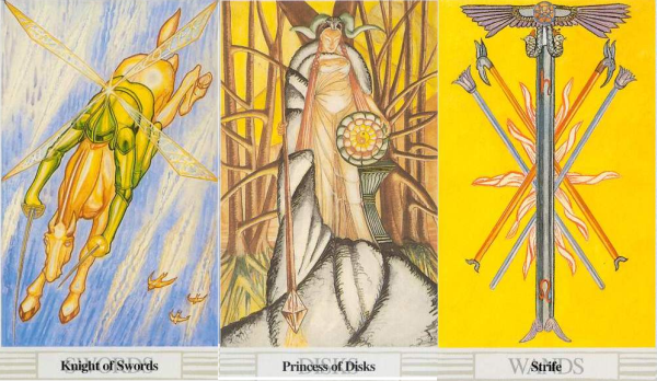 Three Tarot cards: The Knight of Swords, the Princess of Disks, and the Five of Wands.