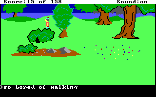 A generic forest screen. Text reads "so bored of walking"