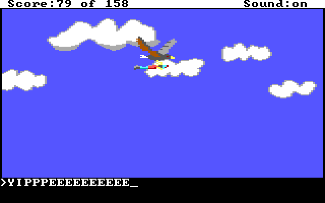 Graham is being flown through the air by a giant bird. Input text: "YIPPEE"