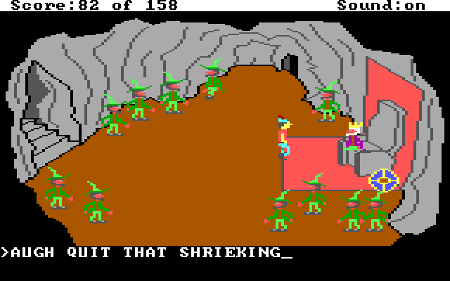 Graham in a cave with a throne, surrounded by leprechauns. Input text: "AUGH QUIT THAT SHRIEKING"