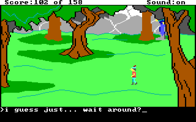 Graham stands around while the giant wanders. Input text: "I guess I just... wait around?"