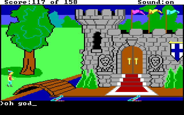 Graham stands by the bridge over the castle moat. Input text: "oh god"