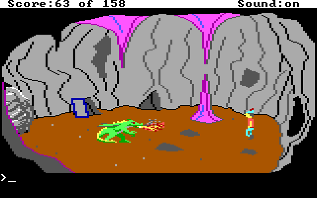 Graham in a cave facing a tiny dragon.