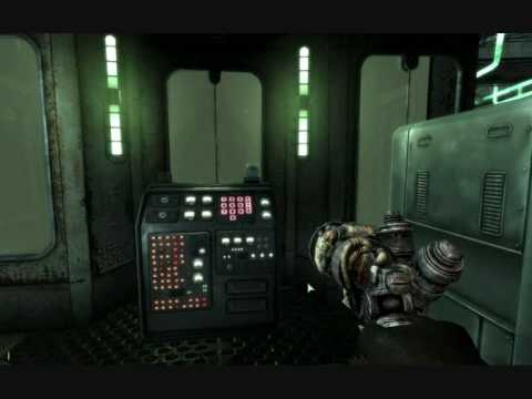 Fallout 3: a first-person shooter view of some futuristic machinery.