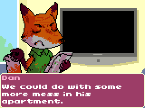 A fox-guy in a visual novel game. Dialogue reads: We could do with some more mess in his apartment.
