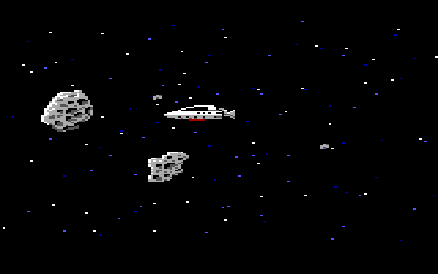 A spaceship flies next to some asteroids.
