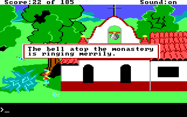 Graham outside a church with a bell. Game text: "The bell atop the monastery is ringing merrily."