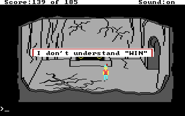 Same scene. Game text: "I don't understand 'WIN'"