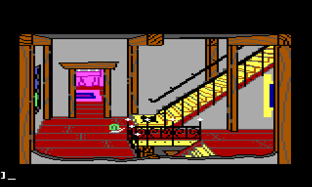 A small snail crawls across the floor of the hallway, which has stairs leading up and downstairs. A cat walks by behind it, on the stairs.