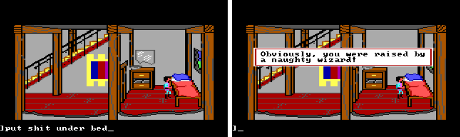 Two panel view of Gwydion in his small, bare bedroom, standing next to a spare-looking bed. First panel input text: "put shit under bed". Second panel game text: "Obviously, you were raised by a naughty wizard!"