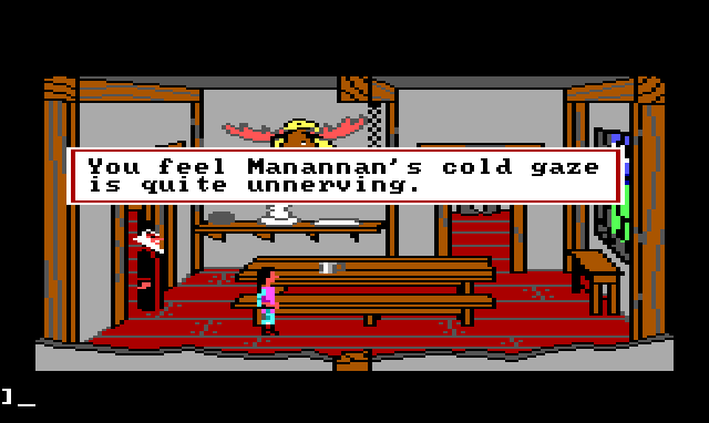 Gwydion walks through the dining room. Manannan is standing behind him in the doorway. Game text reads: "You feel Manannan's cold gaze is quite unnerving."