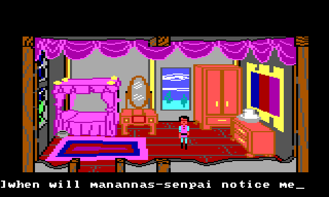 Gwydion stands alone in the middle of Manannan's bedroom. Input text reads: "when will manannas-senpai notice me"