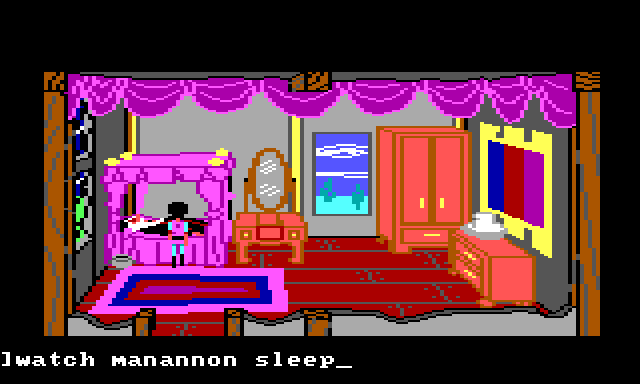 Manannan's bedroom. Gwydion stands by Mannanan's bed as he sleeps. Input text: "watch manannon sleep"