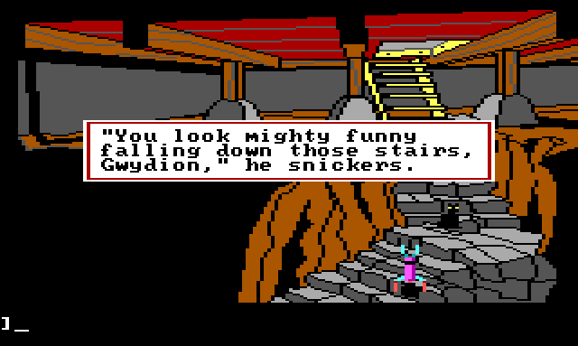 Gwydion falling down the basement stairs while the cat stands nearby. Game text reads: "'You look might funny falling down those stairs, Gwydion,' he snickers."