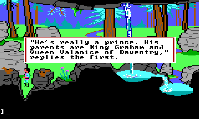 Gwydion outside by a waterfall. There are two squirrels in the foreground. Game text reads: "'He's really a prince. His parents are King Graham and Queen Valanice of Daventry,' supplies the first."