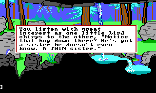 Gwydion outside by a waterfall. Two blue birds are in the foreground. Game text reads: "You listen with great interest as one little bird chirps to the other, 'Notice that boy down there? He's got a sister he doesn't even know. A TWIN sister.'"