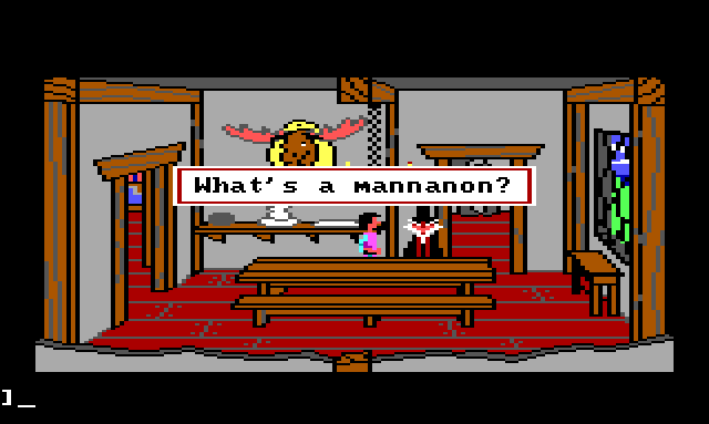 Gwydion and Manannan in the dining room. Game text: "What's a mannanon?"