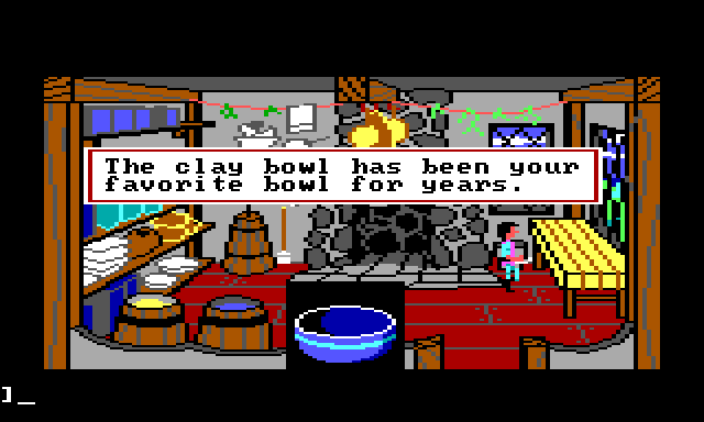 Gwydion stands in a medieval-looking kitchen with a large stone fireplace. A close-up image of a blue bowl is visible in the foreground. Game text reads: "The clay bowl has been your favorite bowl for years."