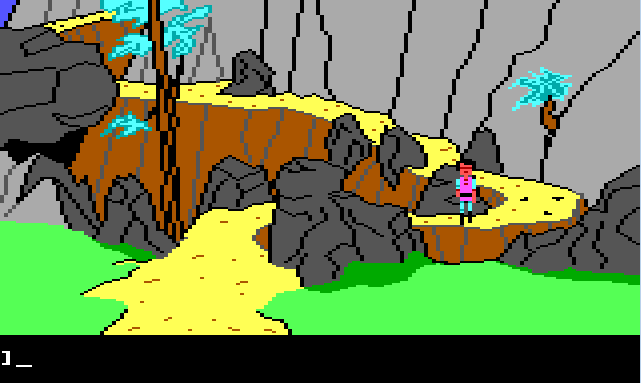 Gwydion stands feet away from the base of the mountain path, facing the viewer. 