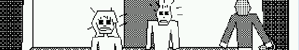 Screenshot from Drill Killer. MS-Paint style black-and-white graphics show two teenagers looking cartoonishly alarmed as another figure approaches them.