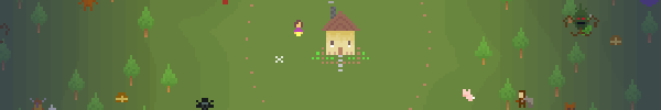 Screenshot from A Mother in Festerwood. Tiny pixel graphs show a woman next to a house surrounded by a forest. In the forest there are monsters, small animals, and treasure chests. A small figure in armor stands at the edge of the forest.