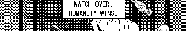 Screenshot from Terra Tam: The World Warrior. A naked woman is falling from the ceiling over an injured alien. Text reads "Match over! Humanity wins." Black and white.