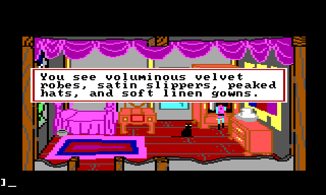 Gwydion standing before an open wardrobe in Manannan's luxurious bedroom. Game text reads: "You see voluminous velvet robes, satin slippers, peaked hats, and soft linen gowns."