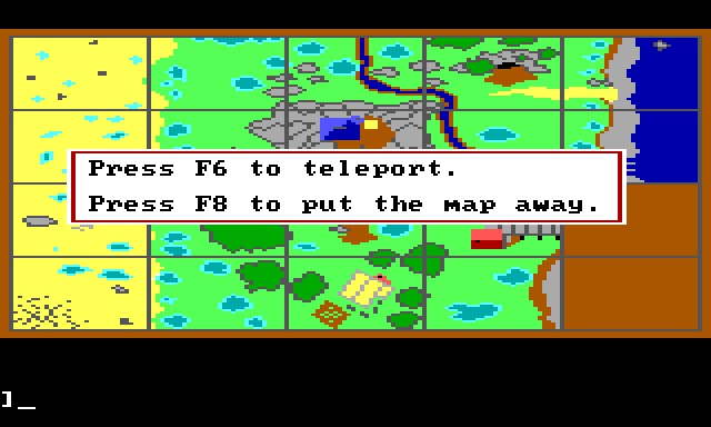 A map of the Llewdor countryside in a 4 by 5 grid. Two sections in the lower right corner of the grid are blank. Game text reads: "Press F6 to teleport. Press F8 to put the map away."