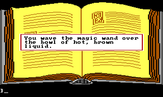 A close-up view of the large yellow spellbook. Game text reads: "You wave the magic wand over the bowl of hot, brown liquid."