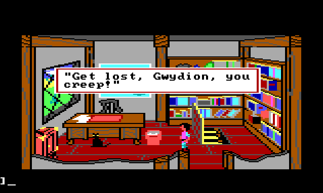 Gwydion stands in Mannanan's study. A trapdoor in the floor is open, revealing stairs down to the basement. A black cat sits nearby. Game text reads: "'Get lost, Gwydion, you creep!'"