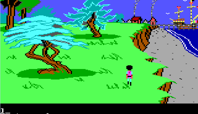 Gwydion walks along a grassy cliff by the sea. A small town is visible off in the distance. Next to the town, a large and fancy ship is anchored at the dock.